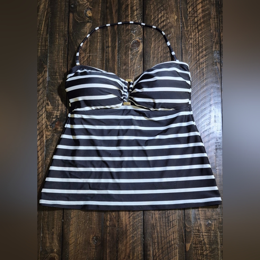 Chaps Women's 12 Black & White Striped Halter Tankini Swim Top